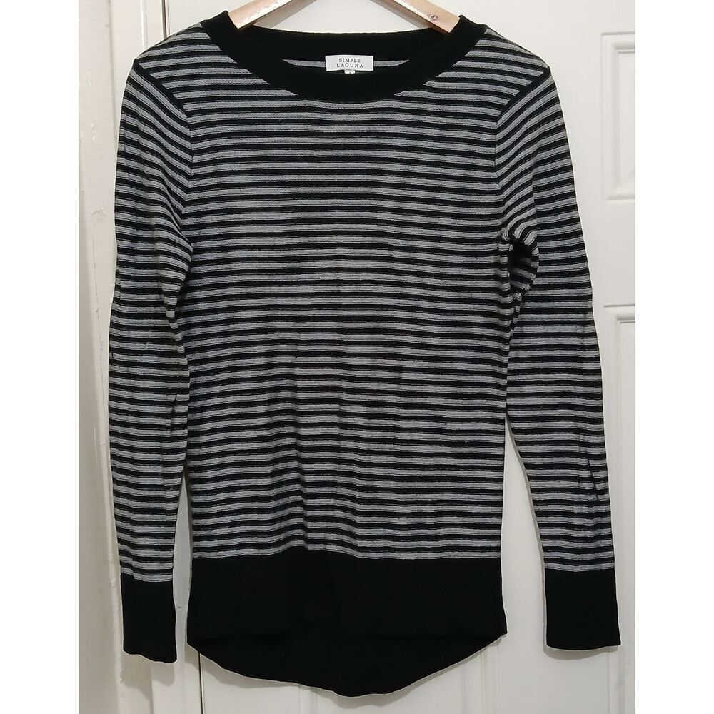 Simple laguna womens medium sweater silk cashmere  stripe gray black preppy - Picture 3 of 9